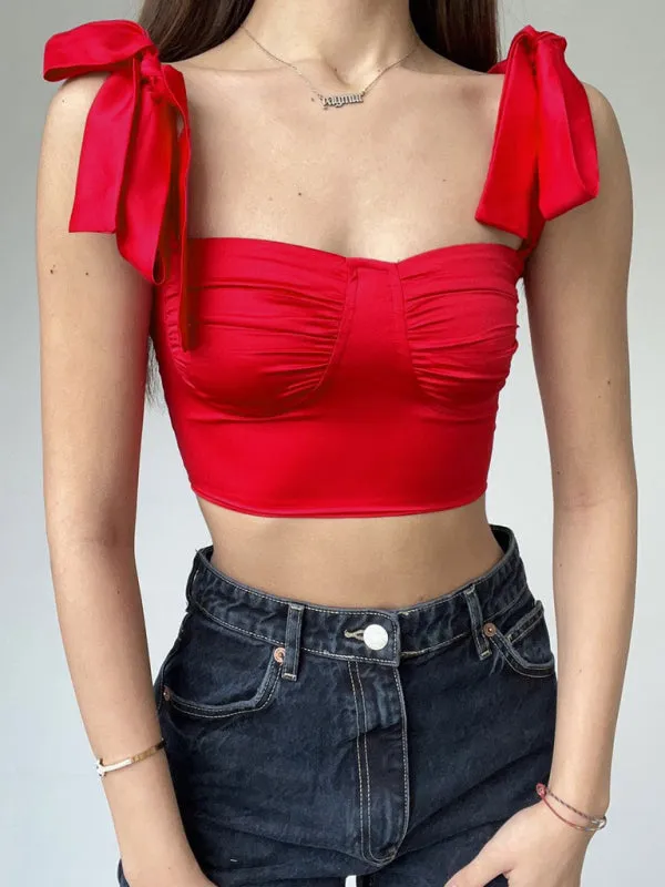 Bethan Pleated Low-Cut Sexy Strappy Slim Camisole With Pleated Neckline