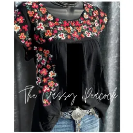 Boho Black Embroidery Plus Top