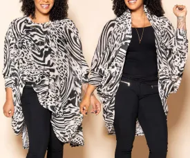 Cardi Top Worn Two Ways Black and White Animal Print, High Low Shape