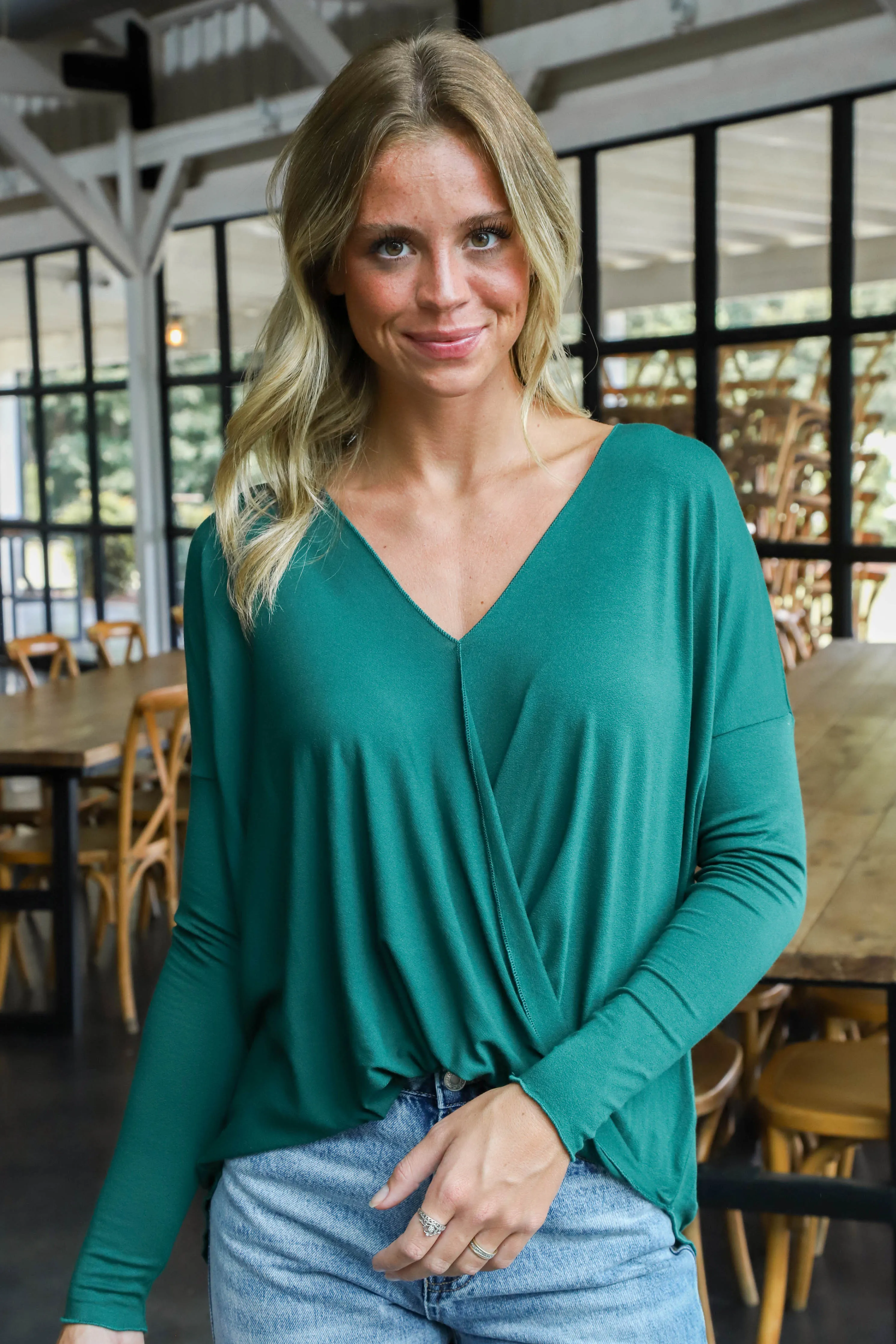 Elisabeth Draped Surplice Top, Dark Green