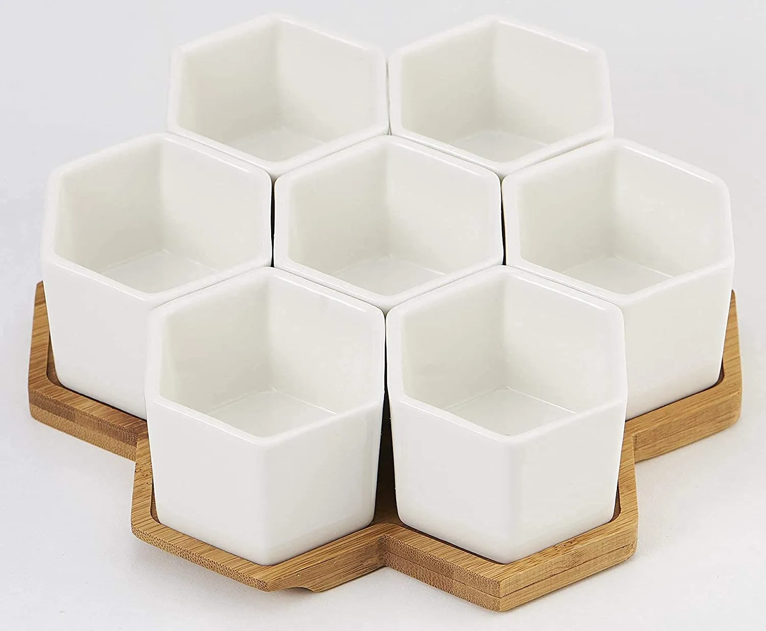 FLOWERPLUS Planter Pots Indoor, 7 Pack 2.75 Inch Modern White Ceramic Small Hex Succulent Cactus Flower Plant Pot with Bamboo Tray for Indoors Outdoor Office Home Garden Kitchen Decor (Hexagon)