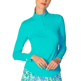 G Lifestyle Solid Zip Mock Neck Long Sleeve Top - Caribbean Turq