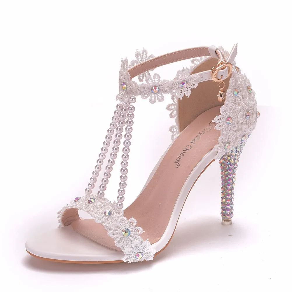 High Heel Beaded Lace Flower Rhinestone Wedding Shoes