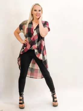 High-Low Plaid Draped Crossover Top