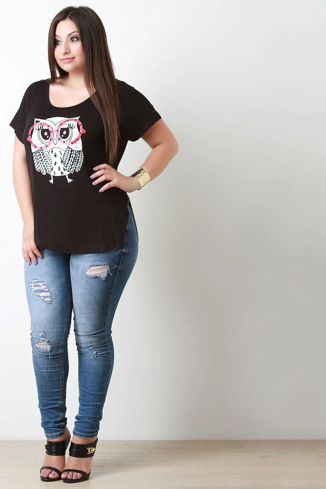 Owl Graphic Print High Low Top