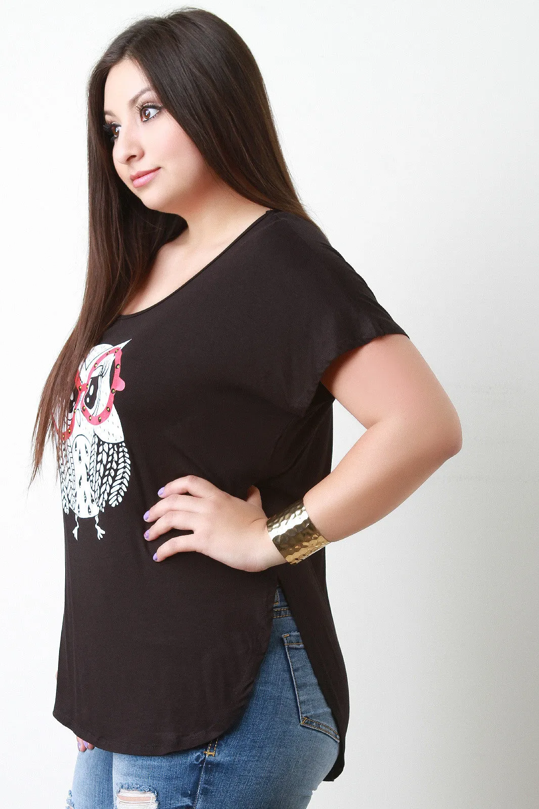 Owl Graphic Print High Low Top