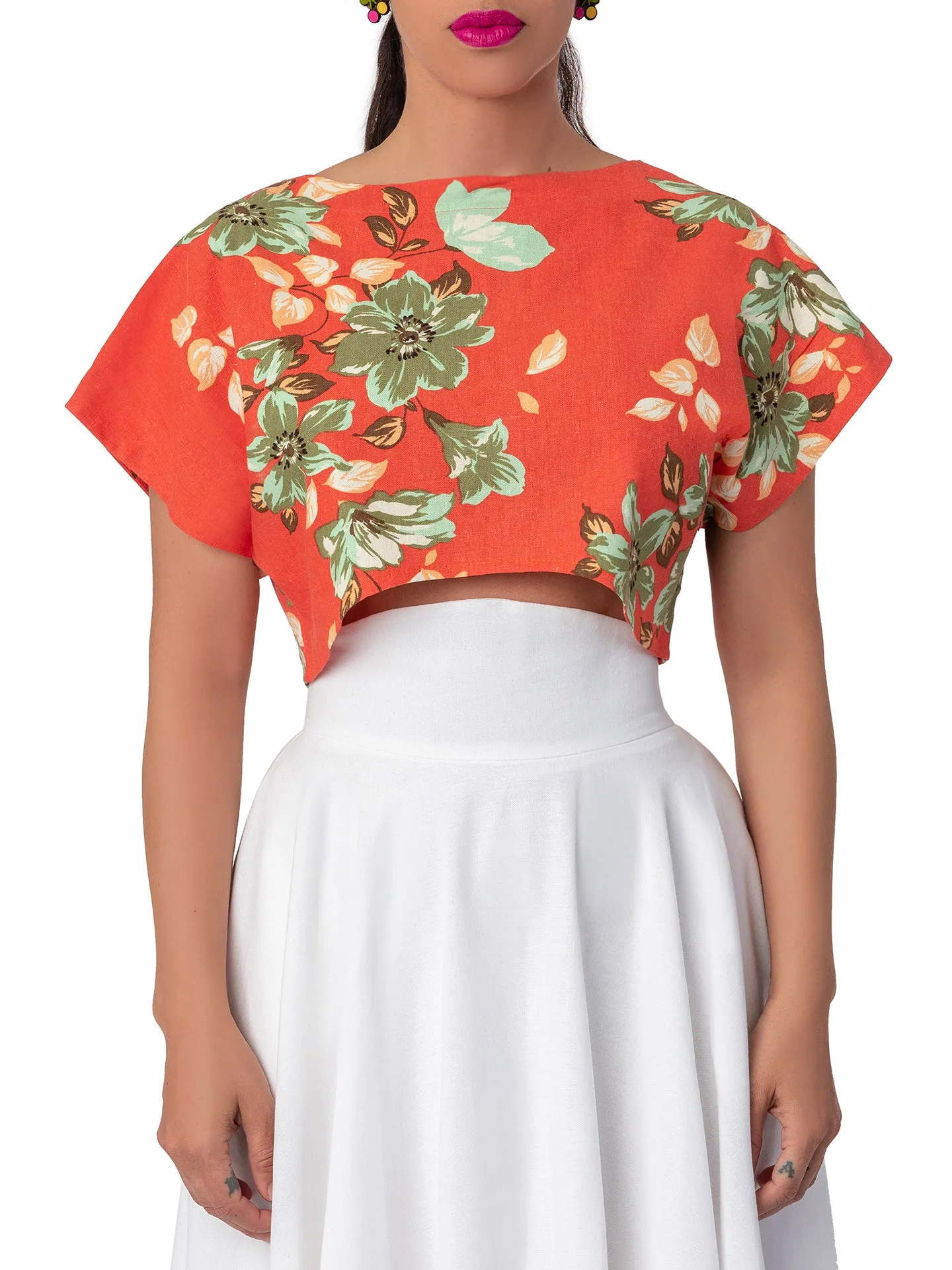 "Paradise" Coral Floral Button-Back Crop Top