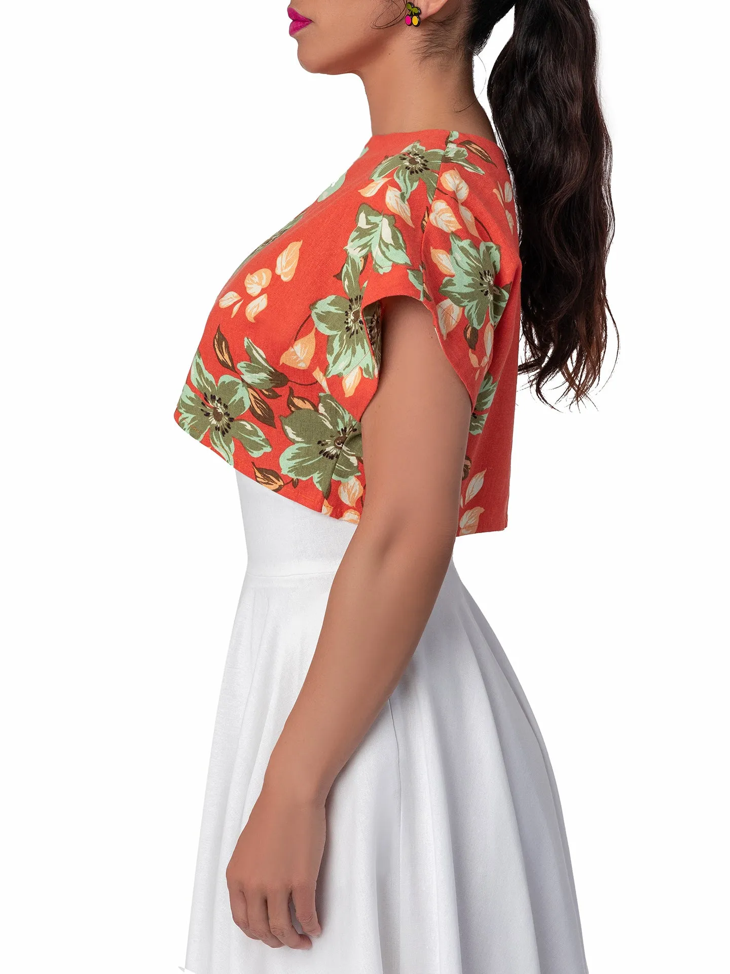 "Paradise" Coral Floral Button-Back Crop Top