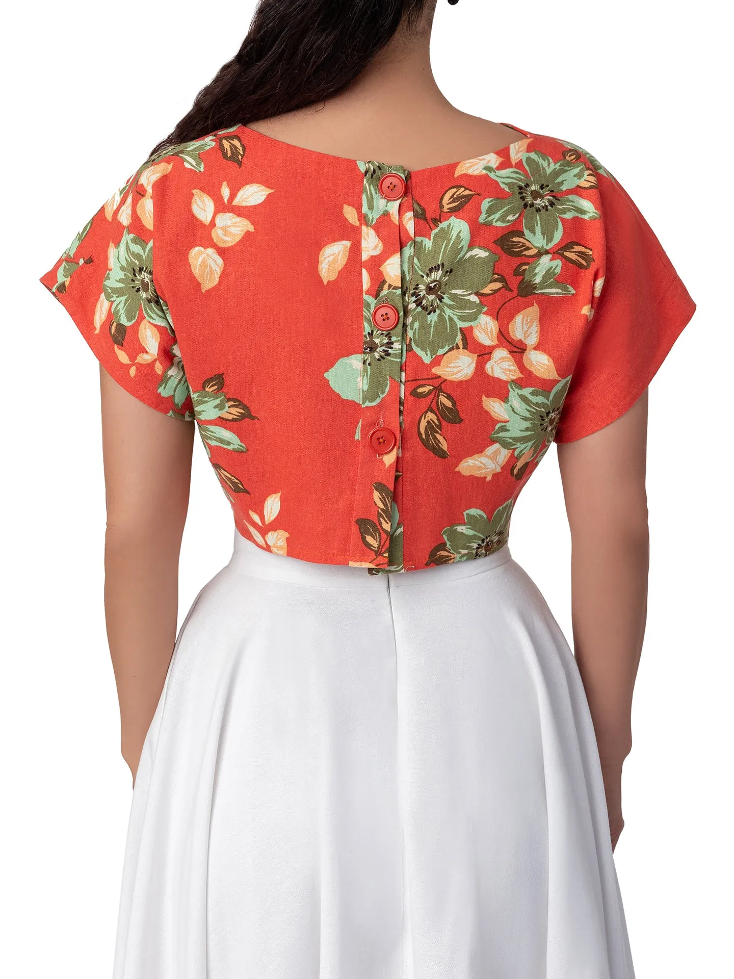 "Paradise" Coral Floral Button-Back Crop Top