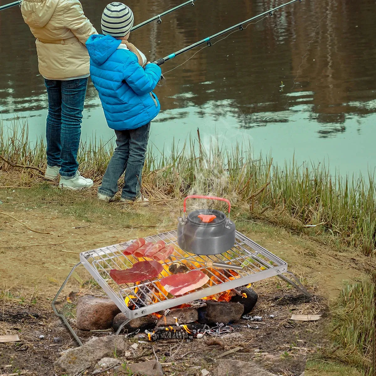 REDCAMP Folding Campfire Grill Grate With Translational Cooking Racks