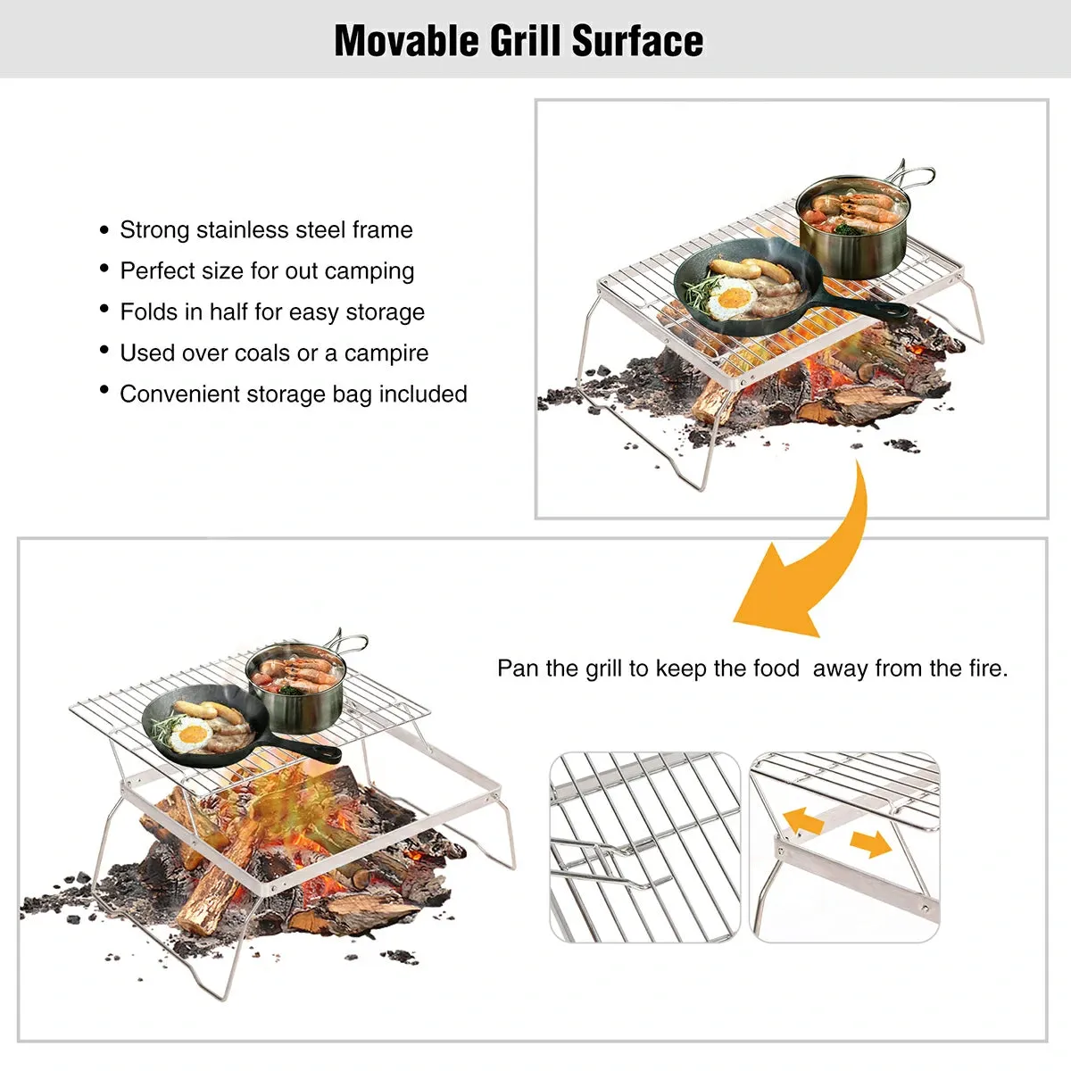 REDCAMP Folding Campfire Grill Grate With Translational Cooking Racks