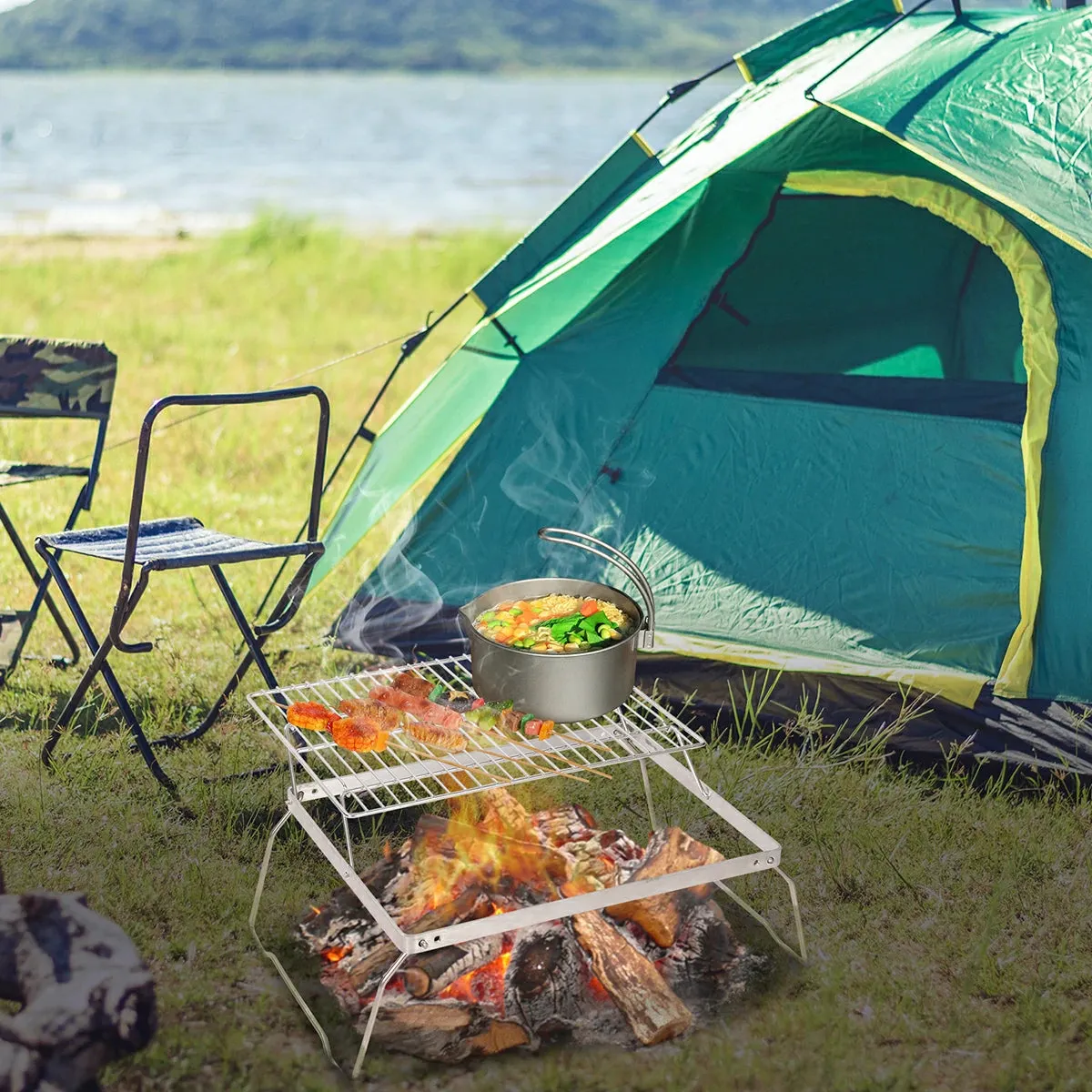 REDCAMP Folding Campfire Grill Grate With Translational Cooking Racks