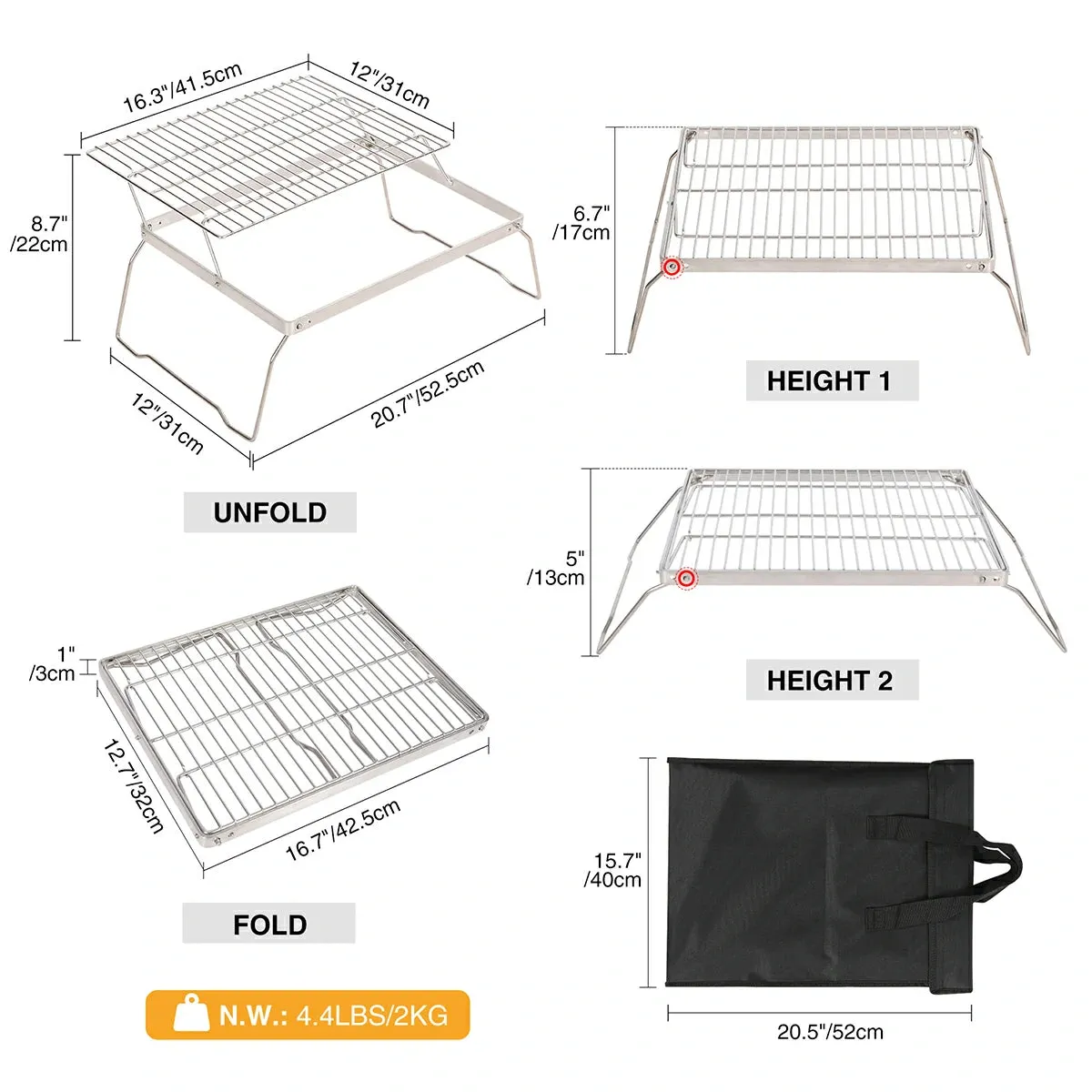 REDCAMP Folding Campfire Grill Grate With Translational Cooking Racks