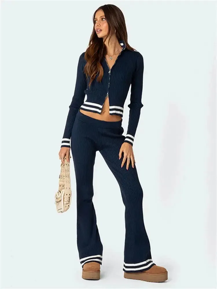 Ribbed Knit 2 Piece-Set Pants And Zip Shirt