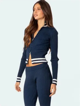 Ribbed Knit 2 Piece-Set Pants And Zip Shirt