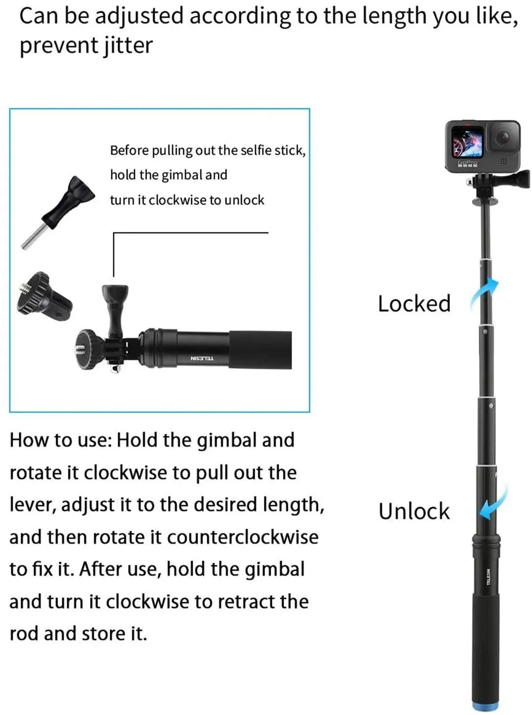 TELESIN Selfie Stick Monopod With Tripod Mount For GoPro HERO DJI Osmo Insta360, 20121303