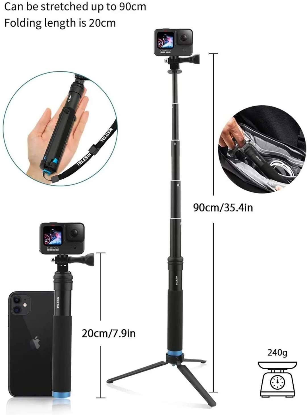 TELESIN Selfie Stick Monopod With Tripod Mount For GoPro HERO DJI Osmo Insta360, 20121303