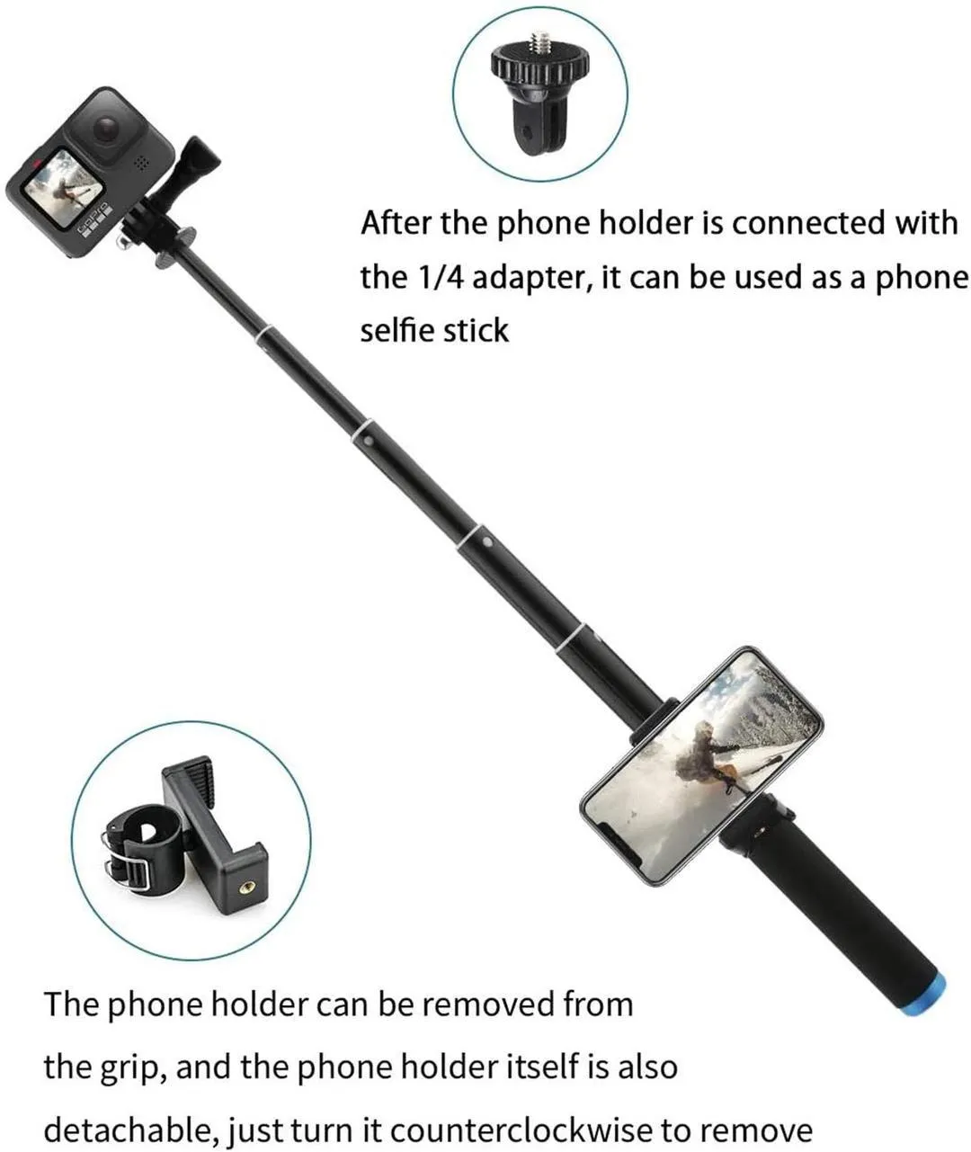 TELESIN Selfie Stick Monopod With Tripod Mount For GoPro HERO DJI Osmo Insta360, 20121303