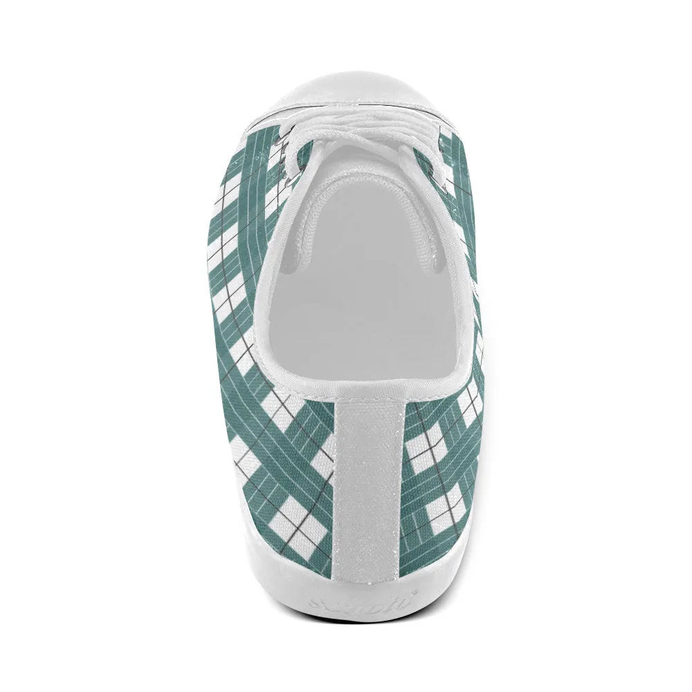 Women's Big Size Green Whites Checks Print Low Top Canvas Shoes