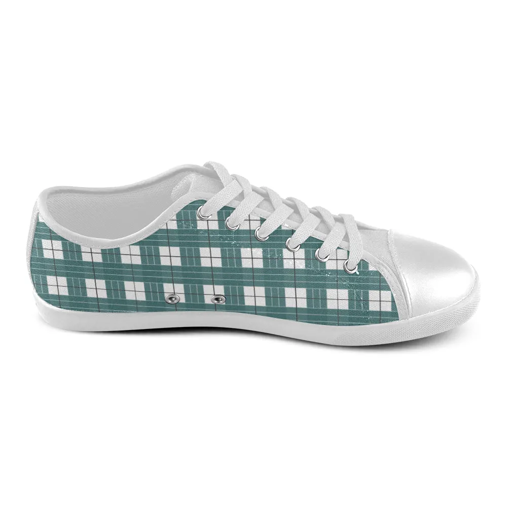 Women's Green White Checks Print Low Top Canvas Shoes