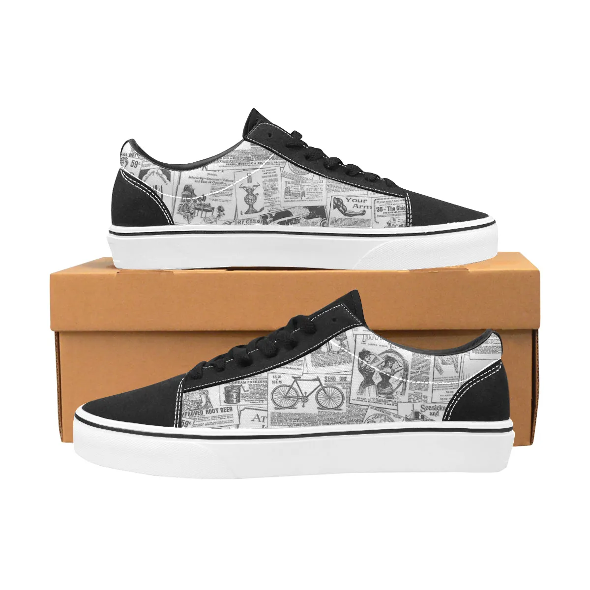 Women's Monochrome Newspaper Print Low Top Canvas Shoes